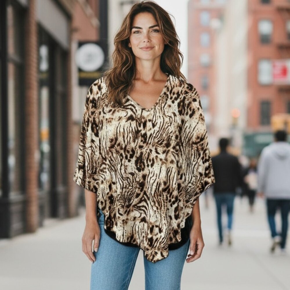 Brittany Black Animal Print Cape Top Sz M/L Brown Beige Black & Sequins 195H